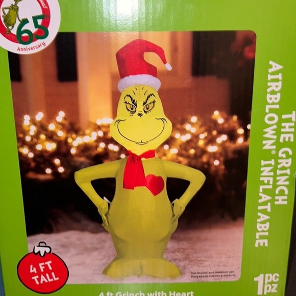 Dr. Seuss Holiday 4ft Inflatable Grinch With Heart And Santa Hat